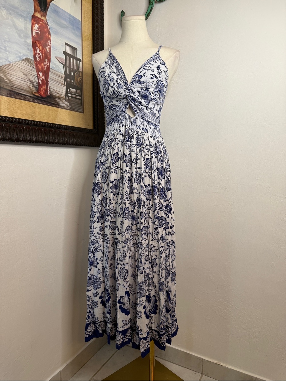 Angie Blue and White Floral Twist-Front Maxi Dress